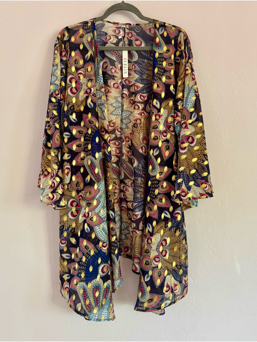 OL Rain Peacock Feather Sheer Kimono Cardigan 2XL Gold Metallic Clip